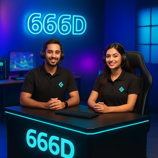 A vibrant 666D contact banner featuring a modern gaming support desk with 666D branding, bright lighting, and friendly staff. The scene conveys quick help, professional service, and a welcoming atmosphere for players in Pakistan.