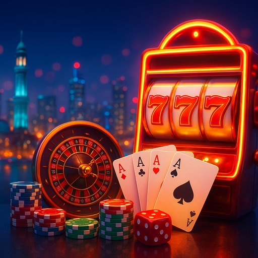 666D online gaming hero banner showing vibrant casino imagery with bright lights and a skyline hint of Pakistan. The mood is energetic and trustworthy, inviting players to explore earning options.