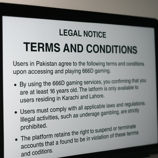 A close-up view of a legal notice on a computer screen showing terms and conditions for 666D gaming in Pakistan. The tone is authoritative and informative, helping players understand obligations. The image emphasizes clarity and compliance for Karachi and Lahore users.